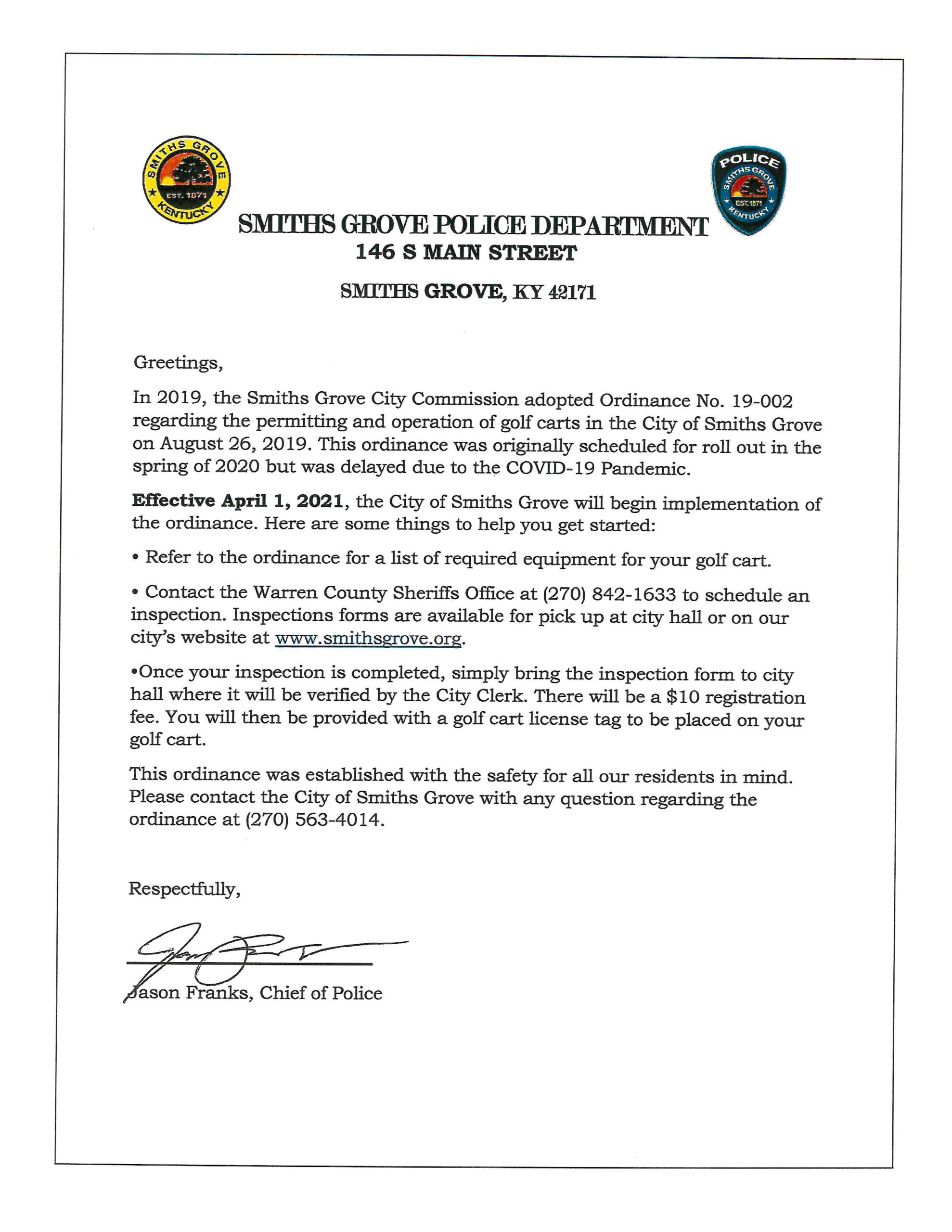 GOLF CART REGISTRATION ORDINANCE NO. 19002 Smiths Grove, Kentucky